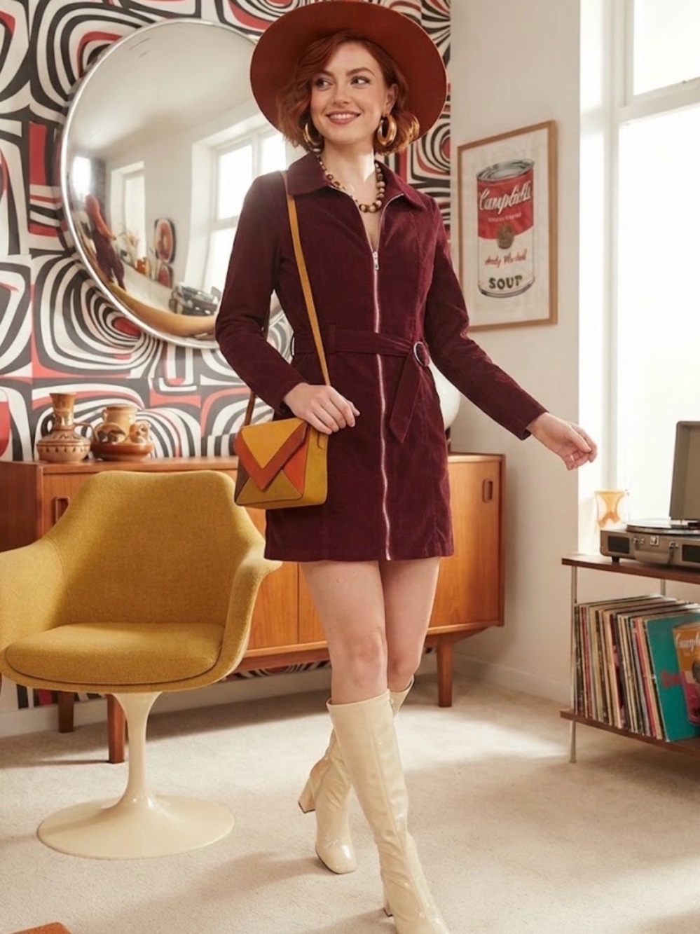 Women's Cider Burgundy ✨ Mod Mini ✨ Corduroy Zip-Front Belted Dress